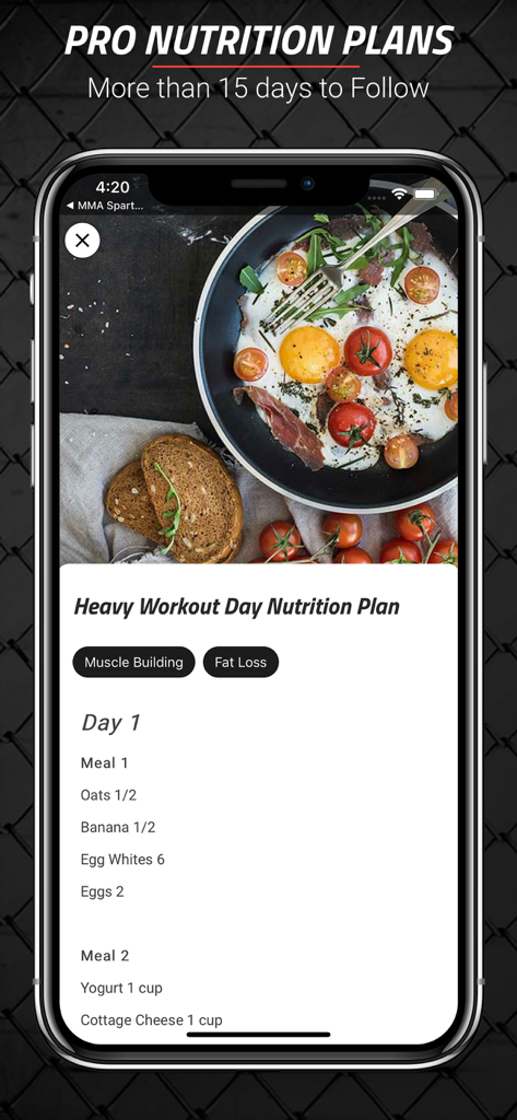 MMA Spartan Workouts Pro - MMA Spartan Workouts Pro app interface showing a heavy workout day nutrition plan with healthy meal suggestions and high quality food imagery