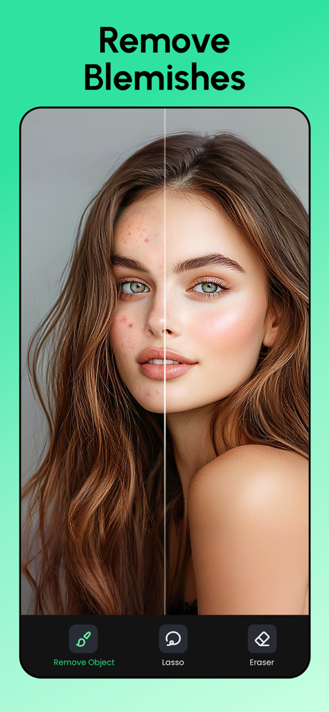 Remove Objects: Pic Retouch AI - Before and after comparison of skin blemish removal using AI retouch app