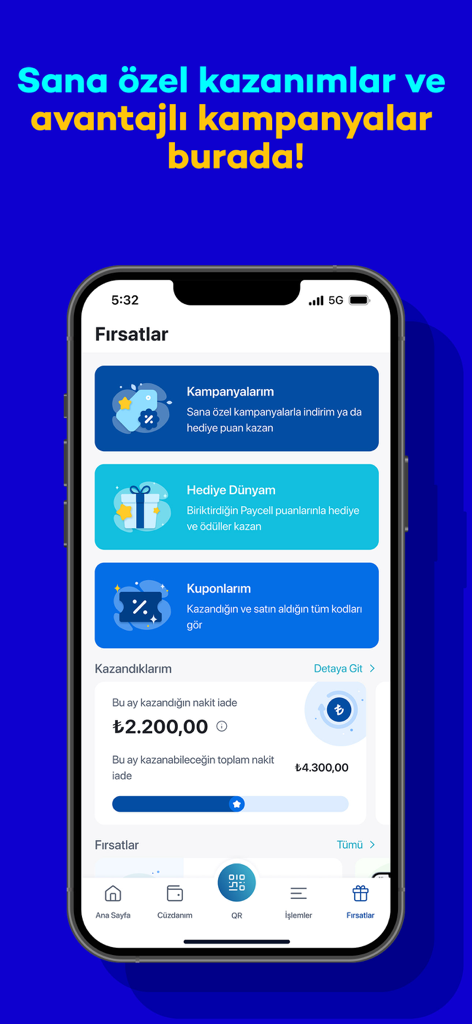 Paycell app screen showing deals, campaigns, and cashback rewards in Turkish Lira.