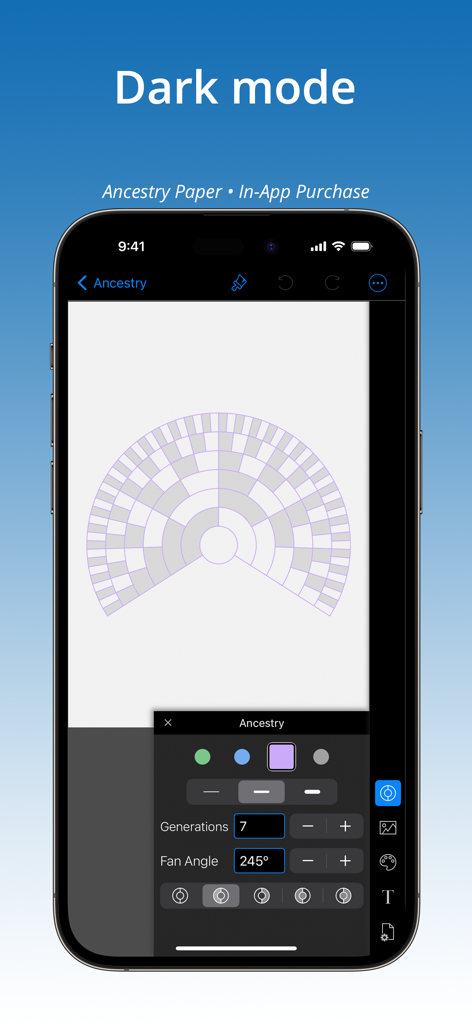 GridMaker - Interfaz de la aplicación móvil GridMaker en modo oscuro que muestra una cuadrícula de árbol genealógico personalizable