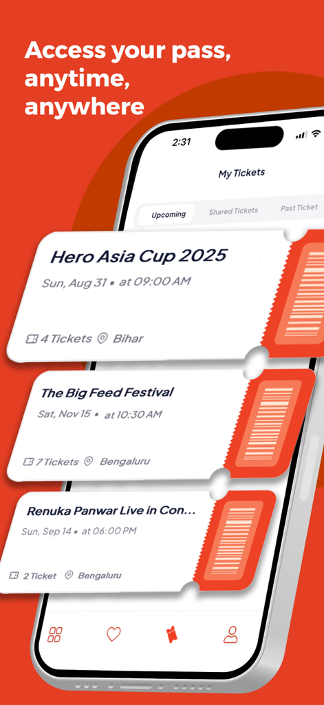 Ticketgenie App - Mobile screen of the Ticketgenie app displaying a list of digital event tickets for cricket matches and concerts