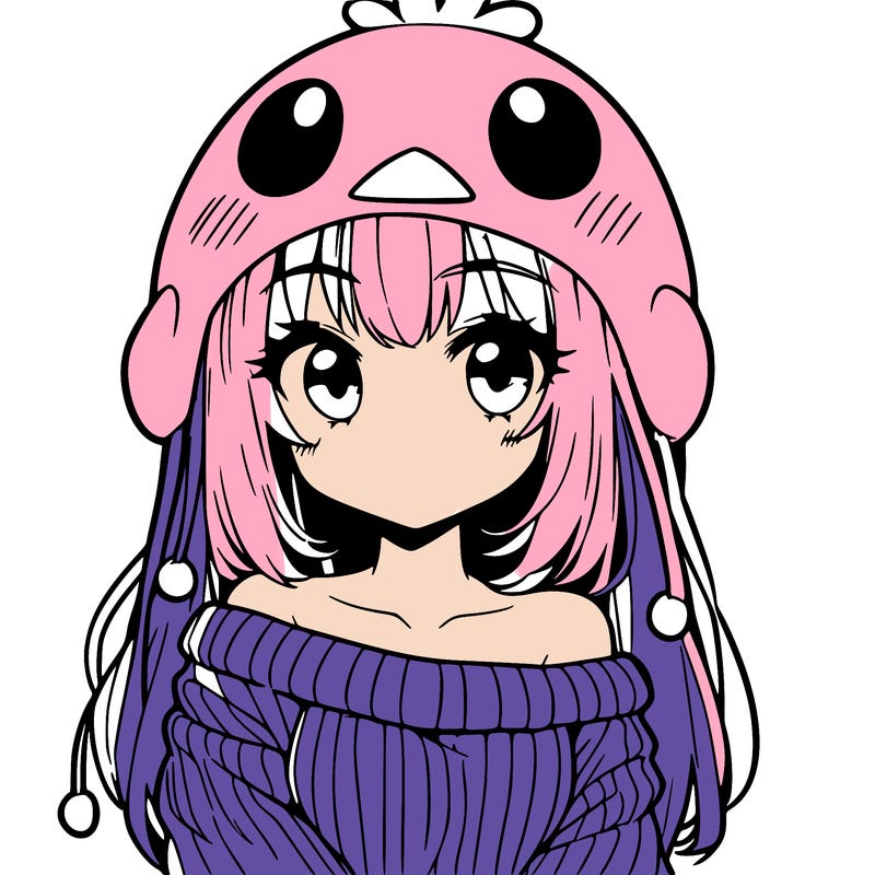 anime girl with chick shaped hat with sweater with bare shoulders with bangs covering them one eye with low tail