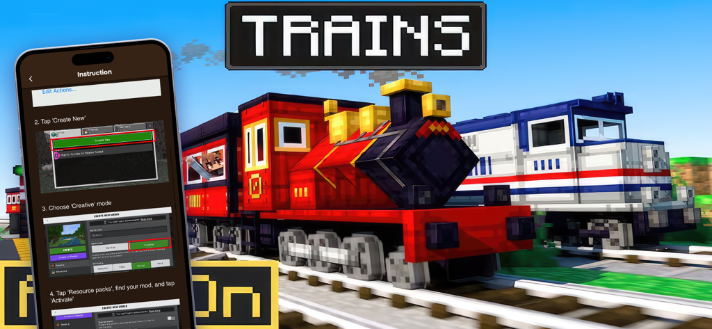 ModCraft - add ons for MCPE - Step by step instruction screen on a mobile phone for installing a Minecraft train mod with blocky trains in the background