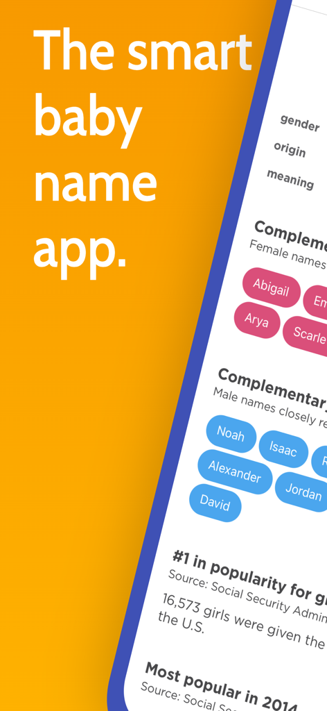 Interface do aplicativo Baby Name Genius mostrando nomes complementares e estatísticas de popularidade
