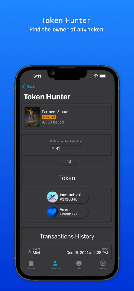 VaultValue - VaultValue app interface showing the Token Hunter tool to find the owner of a specific digital collectible mint number.