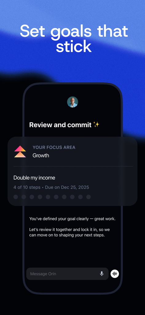 Aligned: AI Coaching & Therapy - Interfaccia dell'app Aligned che mostra una schermata di definizione degli obiettivi con un AI coach e un obiettivo di crescita per raddoppiare il reddito