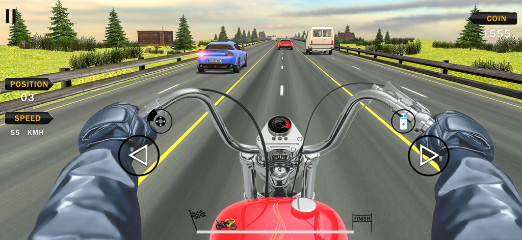 First person view of a red motorcycle racing on a highway with traffic