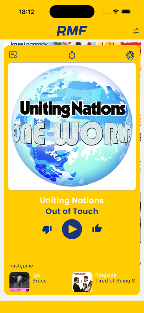 RMF FM - The music player screen of the RMF FM app featuring album art for Uniting Nations and a list of upcoming songs.