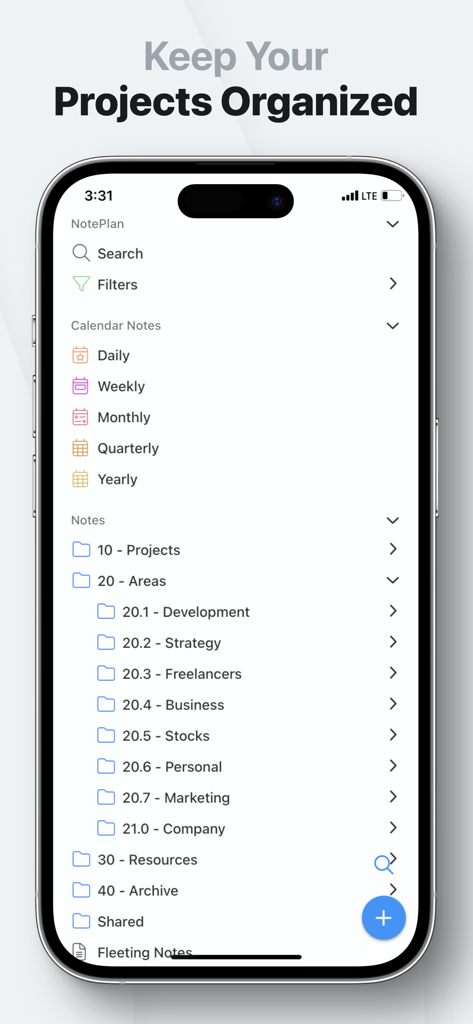 NotePlan - To-Do List & Notes - NotePlan app on iPhone showing organized folders and calendar notes using the PARA system.