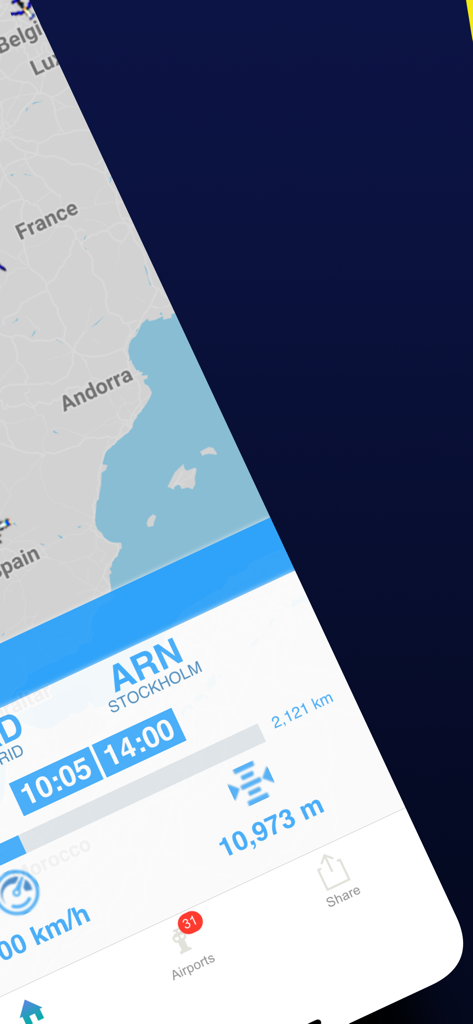 App radar voli Iberia che mostra una mappa dei voli in tempo reale sopra l'Europa con dettagli tecnici come altitudine e orario di arrivo