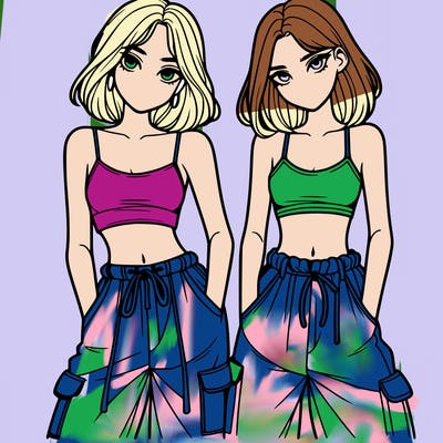 two girls with crop top with baggy pants