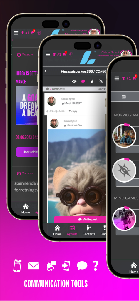 Experience live - Tres pantallas de móvil mostrando las herramientas de comunicación y la interfaz de interacción de la aplicación Experience live