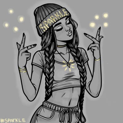 realistic teenage girl with braids and a beanie and crop top doing 🫶🏼