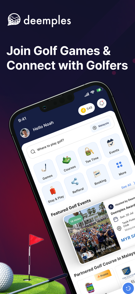 Écran d'accueil de l'application Deemples montrant la réservation de parties de golf et les fonctionnalités sociales
