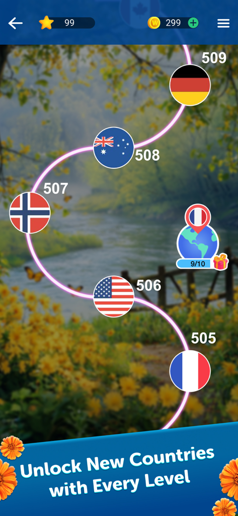 Crossword Explorer - Crossword Explorer game screen showing a winding level progression path through international countries represented by flags