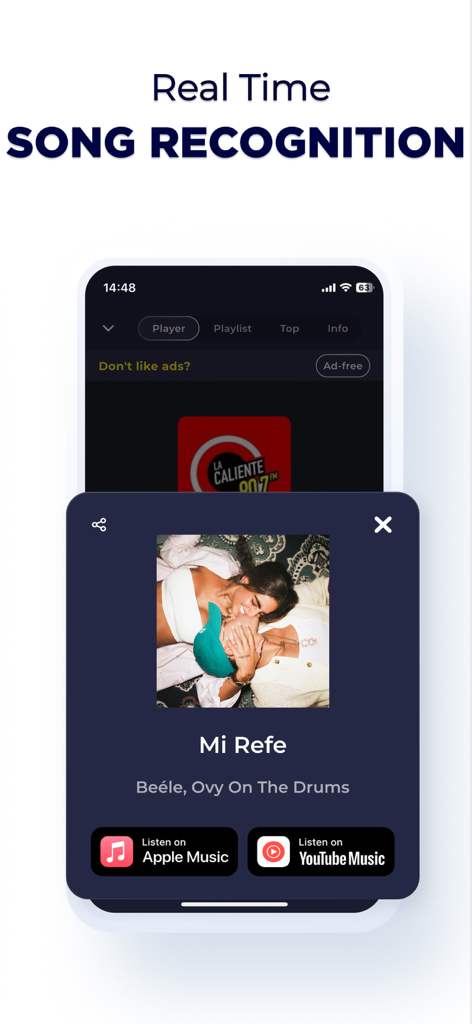 Real time song recognition screen on the Radio Costa Rica mobile app displaying identified track details and music streaming links