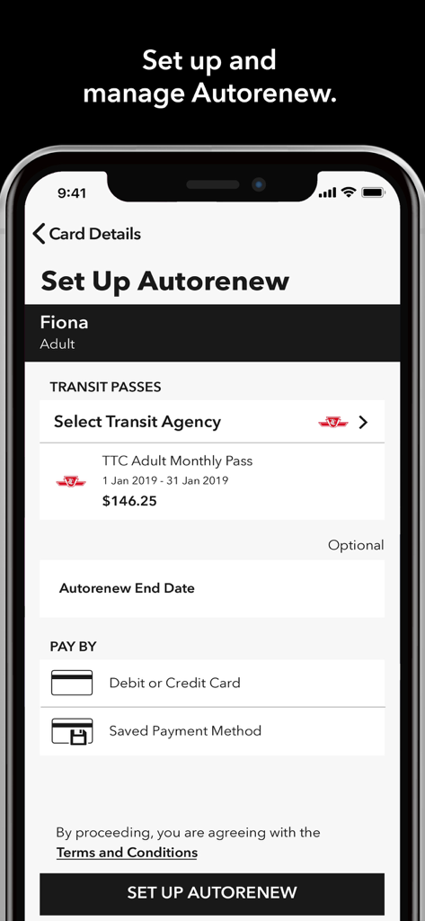 A mobile app screen for setting up and managing autorenew for a PRESTO transit pass.
