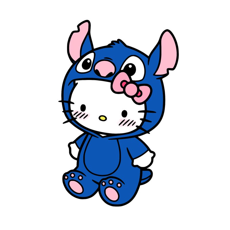 little cute hello kitty, blushing with little stitch costume