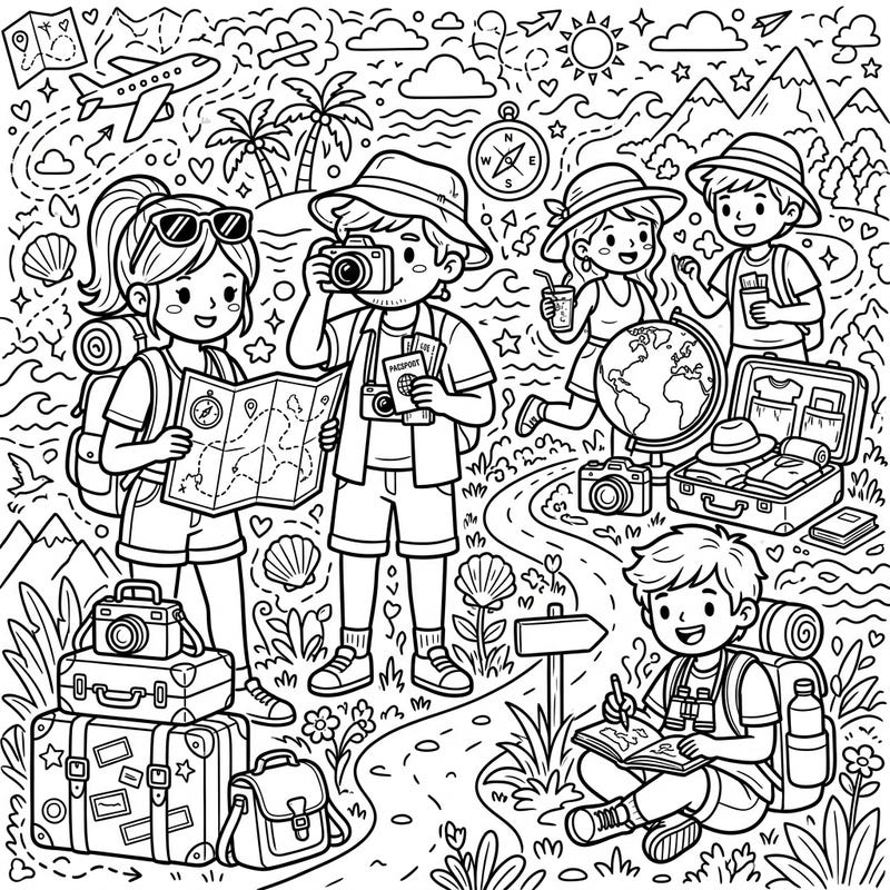 Join a group of cheerful young explorers as they embark on an exciting vacation, ready to discover new places and create lasting memories. This intricate coloring page captures the spirit of adventure with maps, cameras, and suitcases waiting to be brought to life with color.