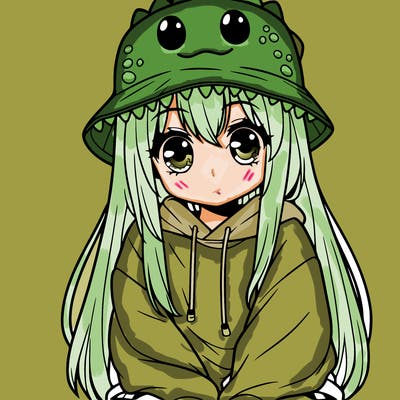 girl with anime shaped eyes with a dinosaur bucket hat oversized sweatshirt long straight hair
