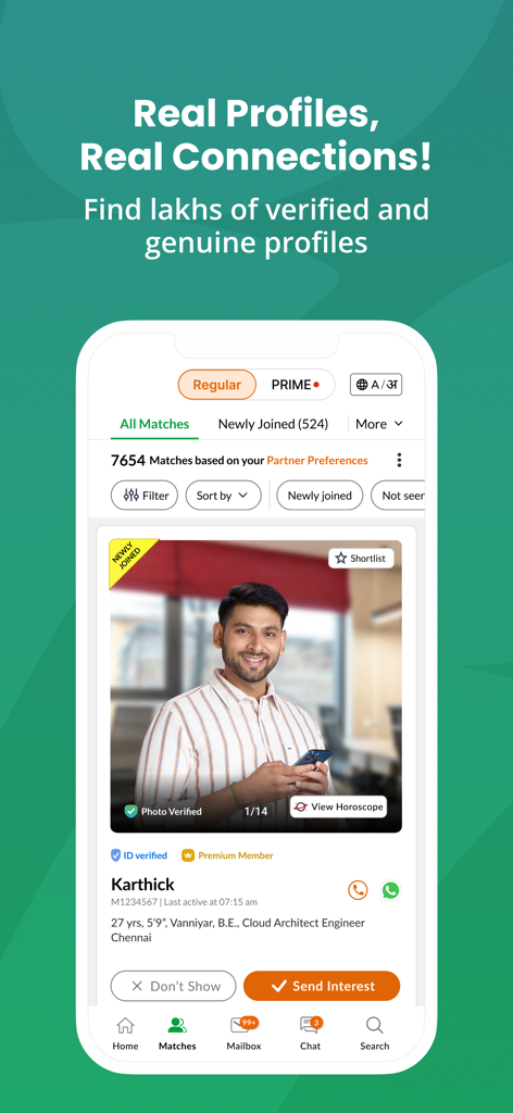 Screenshot of the Tamil Matrimony app interface showing a verified profile of a Tamil professional with community and horoscope details.