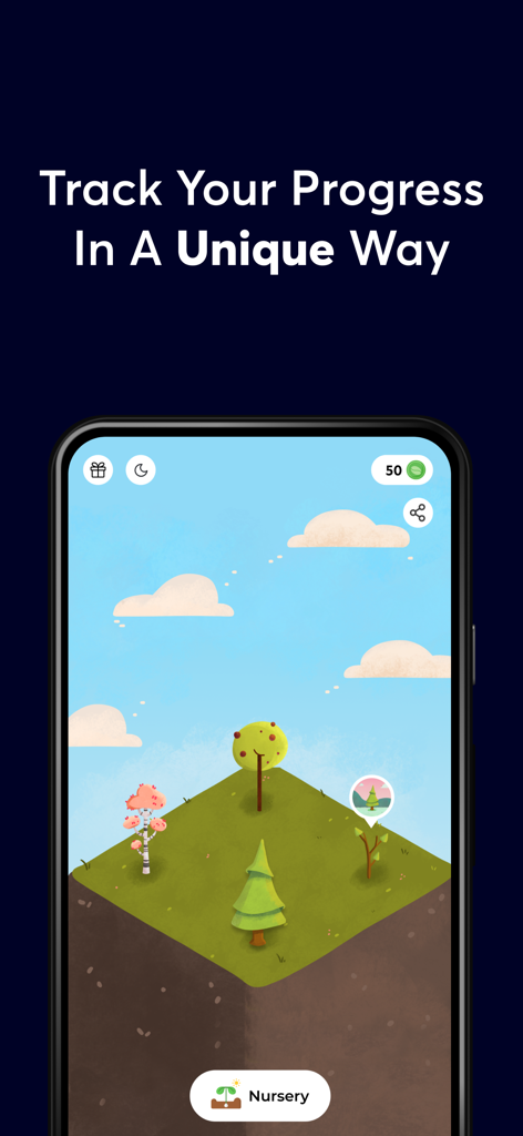 A mobile interface showing a digital forest that grows to track a user's meditation progress.