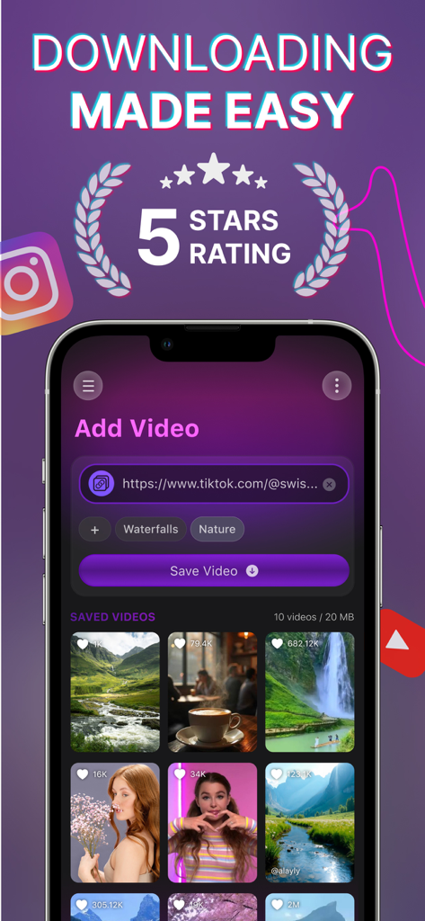 SnapTik • SaveInsta • SnapTube - SnapTik app interface showing how to download and organize social media videos.