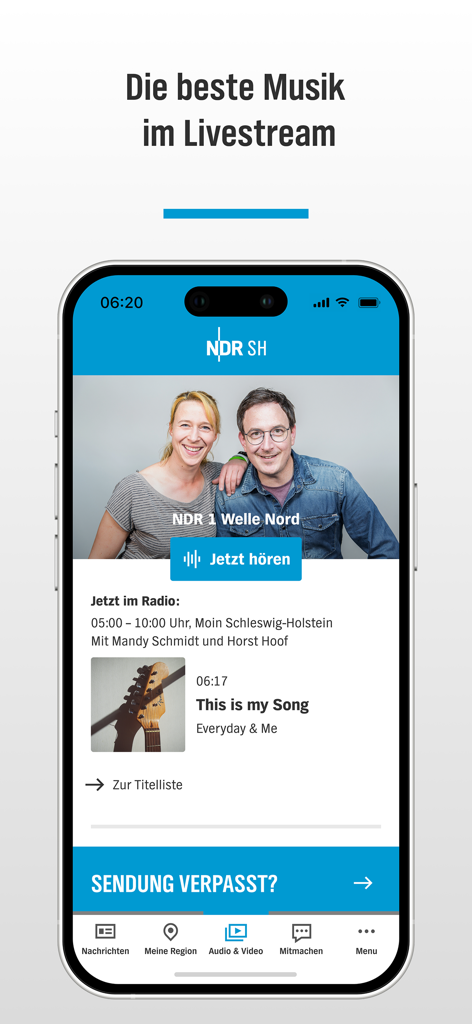 NDR Schleswig-Holstein - NDR Schleswig-Holstein app screen showing the NDR 1 Welle Nord live radio stream interface