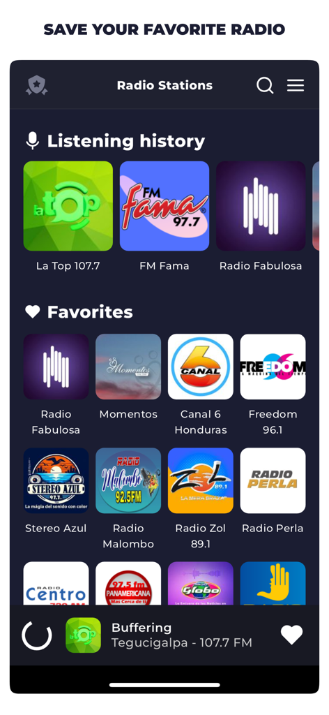 Radio Honduras Live FM AM - Mobile app interface showing listening history and favorite Honduran radio stations