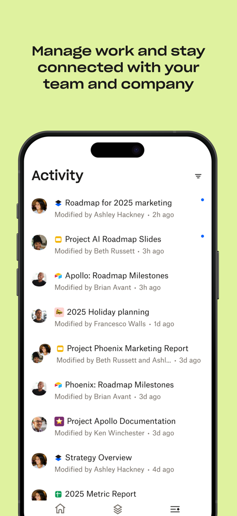 App mobile Dropbox Dash che mostra un feed di attività del team con aggiornamenti recenti di progetti e documenti