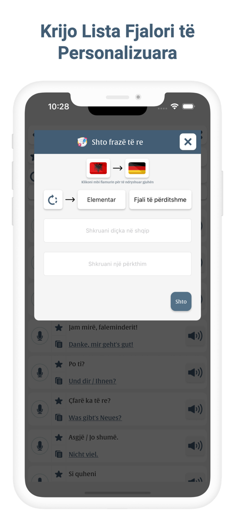 Interfaz de la aplicación Aprende Alemán para crear listas de vocabulario personalizadas con traducciones de albanés a alemán.