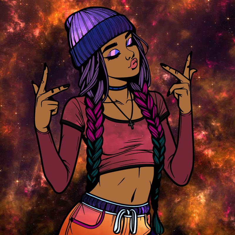 realistic teenage girl with braids and a beanie and crop top doing 🫶🏼