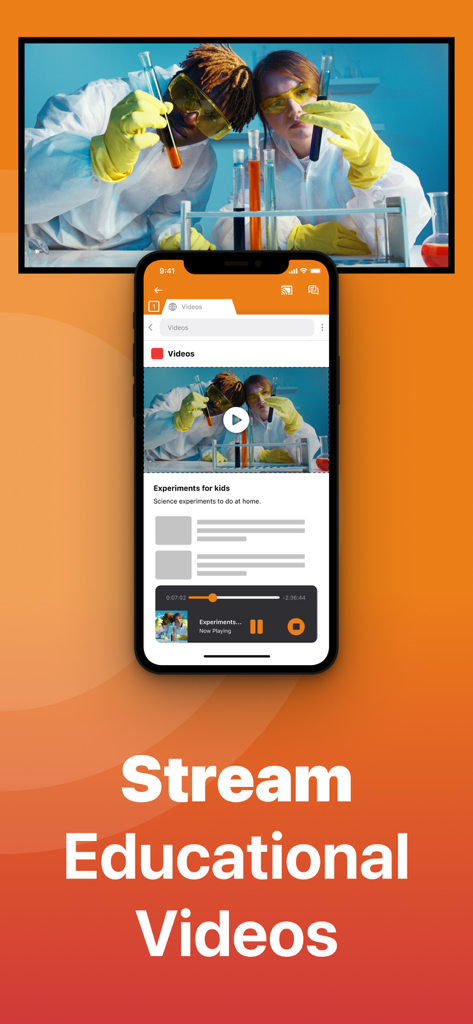 iPhone-Bildschirm, der ein lehrreiches Wissenschaftsvideo auf einen großen Fernsehbildschirm streamt