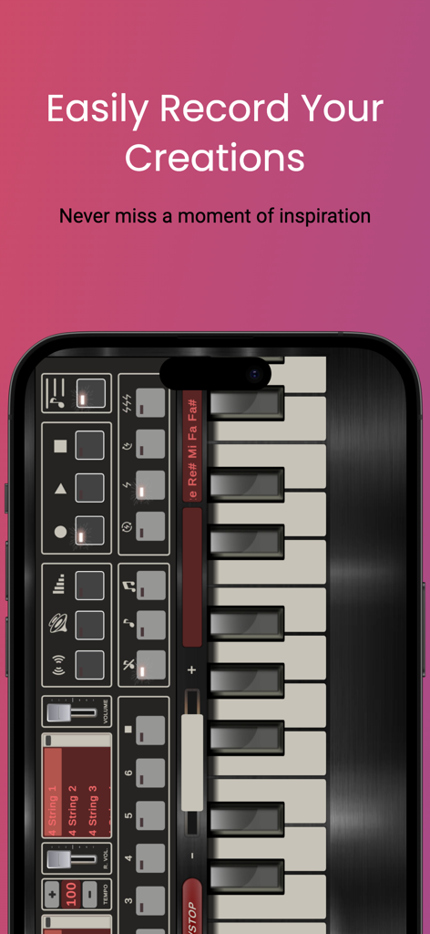 Smartphone-Bildschirm mit der Aufnahme-Oberfläche und dem musikalischen Keyboard von Mobile Org 2025