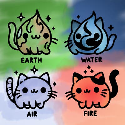 4 cats that represent the different elements, earth, water, air, and fire