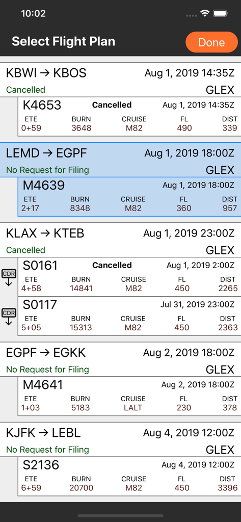 Flight plan selection screen in the ARINCDirect Mini aviation app showing a list of flight routes and details.