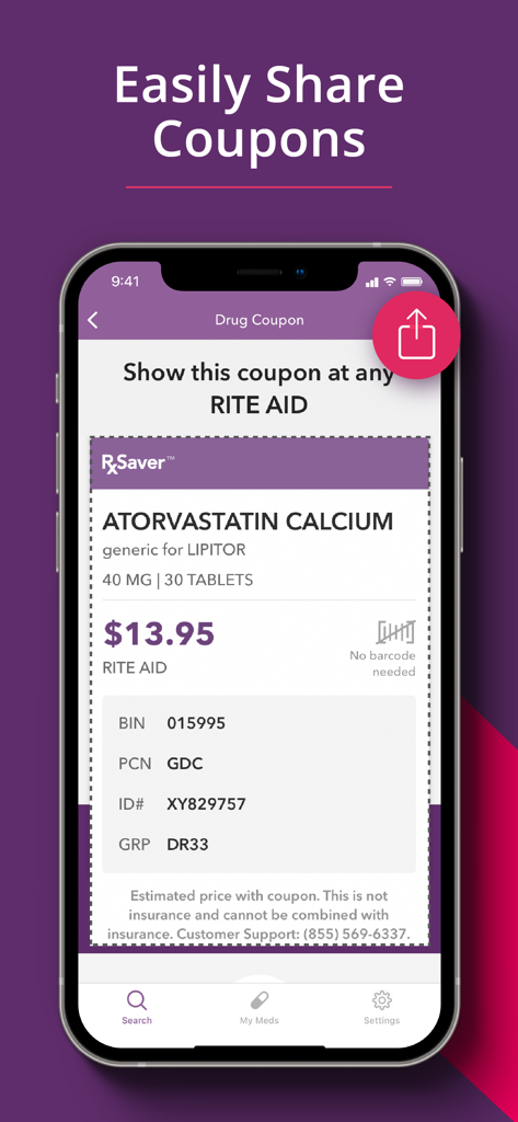 RxSaver Prescription Discounts - RxSaver mobile app screen showing a shareable prescription discount coupon for Atorvastatin at Rite Aid