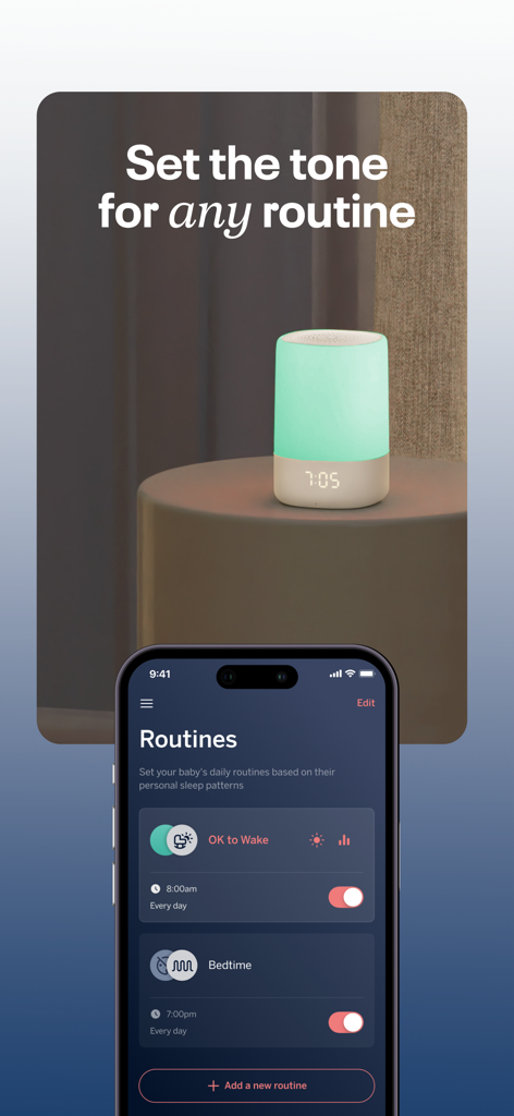 Pantalla de rutinas de la aplicación Nanit Sonido y Luz y dispositivo de máquina de sonido inteligente