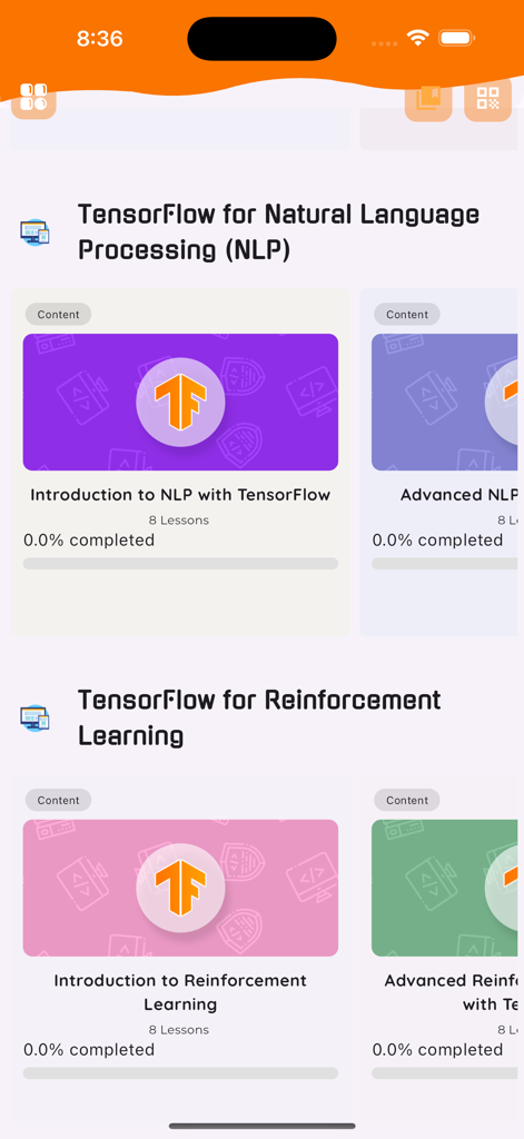 TensorFlowアプリのインターフェース。自然言語処理と強化学習の教育モジュールが表示されています。