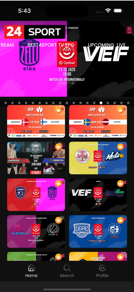 Home screen of the 24 Sport app featuring upcoming live sports events