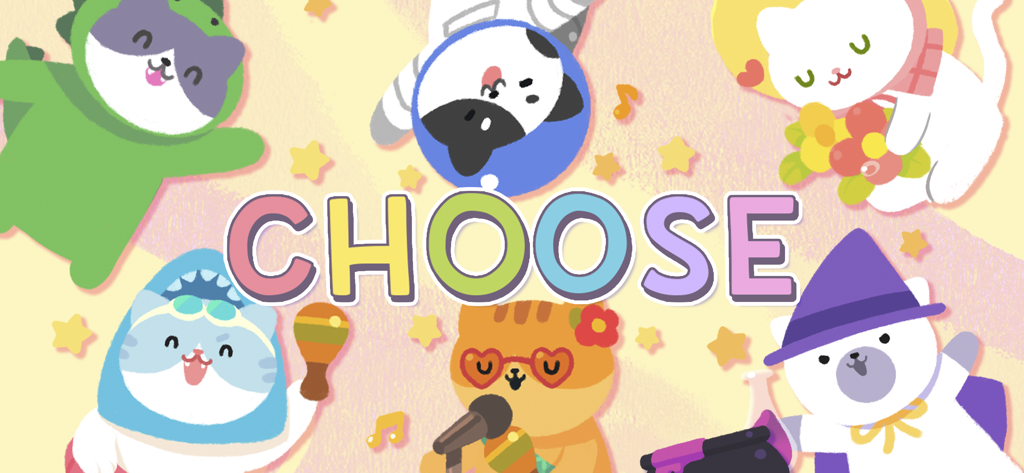 Meow Tower - Nonogram Puzzle - Six adorable cartoon cats in costumes including a shark and an astronaut surrounding the word CHOOSE in colorful letters.