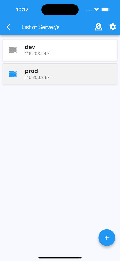 Interface of Docker Management app showing a list of servers labeled dev and prod with their IP addresses