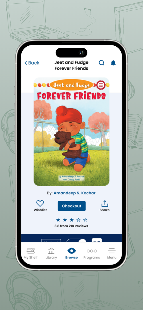 Boundless app interface showing a children book titled Jeet and Fudge Forever Friends with a checkout button
