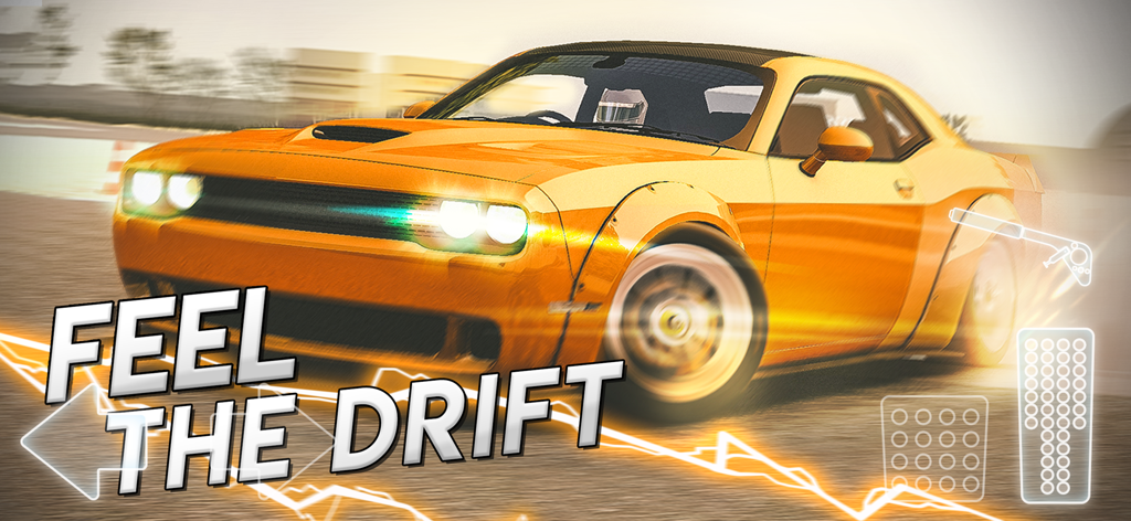 Drift legends - Carro muscle amarelo fazendo drift em uma pista com o texto Sinta o Drift