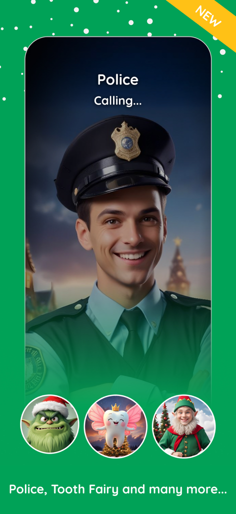Mobile app screen showing a simulated video call from a police officer with icons for the tooth fairy and an elf at the bottom