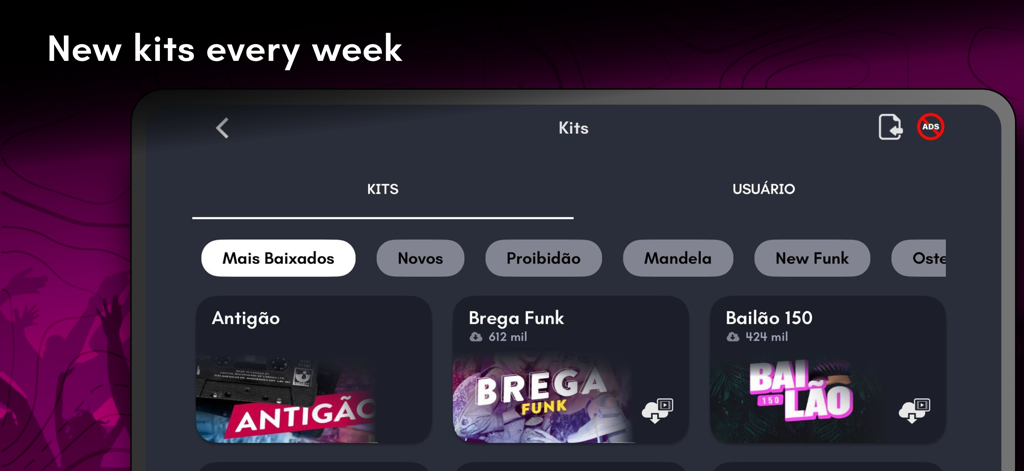 Funk Brasil: DJ MPC drum pads - Interface de l'application Funk Brasil présentant une sélection de kits de production musicale et de packs de sons.