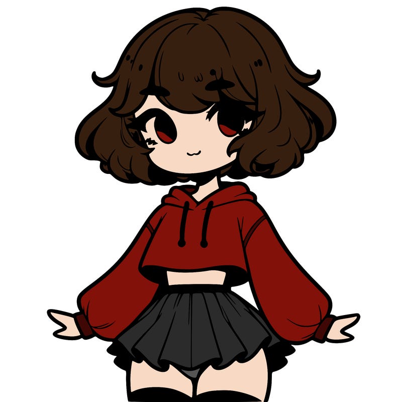 cute femboy with short, fluffy hair that softly frames their face, wearing a cropped hoodie, paired with a flouncy short skirt, and thigh-high stockings
