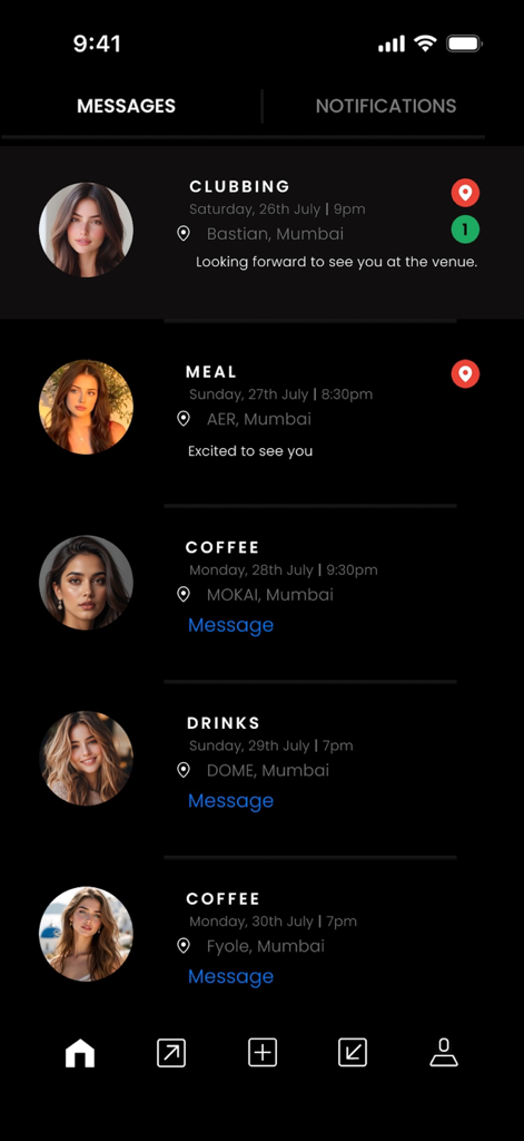Interface da tela de mensagens do aplicativo NO NAMES mostrando uma lista de planos sociais exclusivos como balada e encontros para café com perfis de membros verificados.