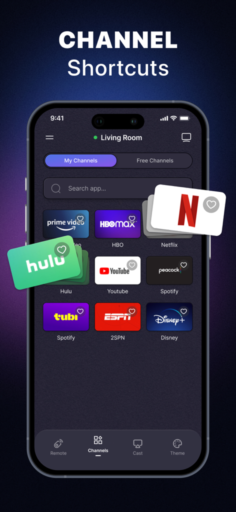 Pantalla de la aplicación de control remoto universal para TV que muestra atajos para plataformas de streaming como Netflix y Hulu