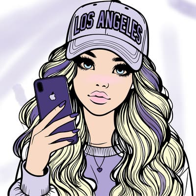 realistic beautiful girl wearing los ángeles cap holding an iphone